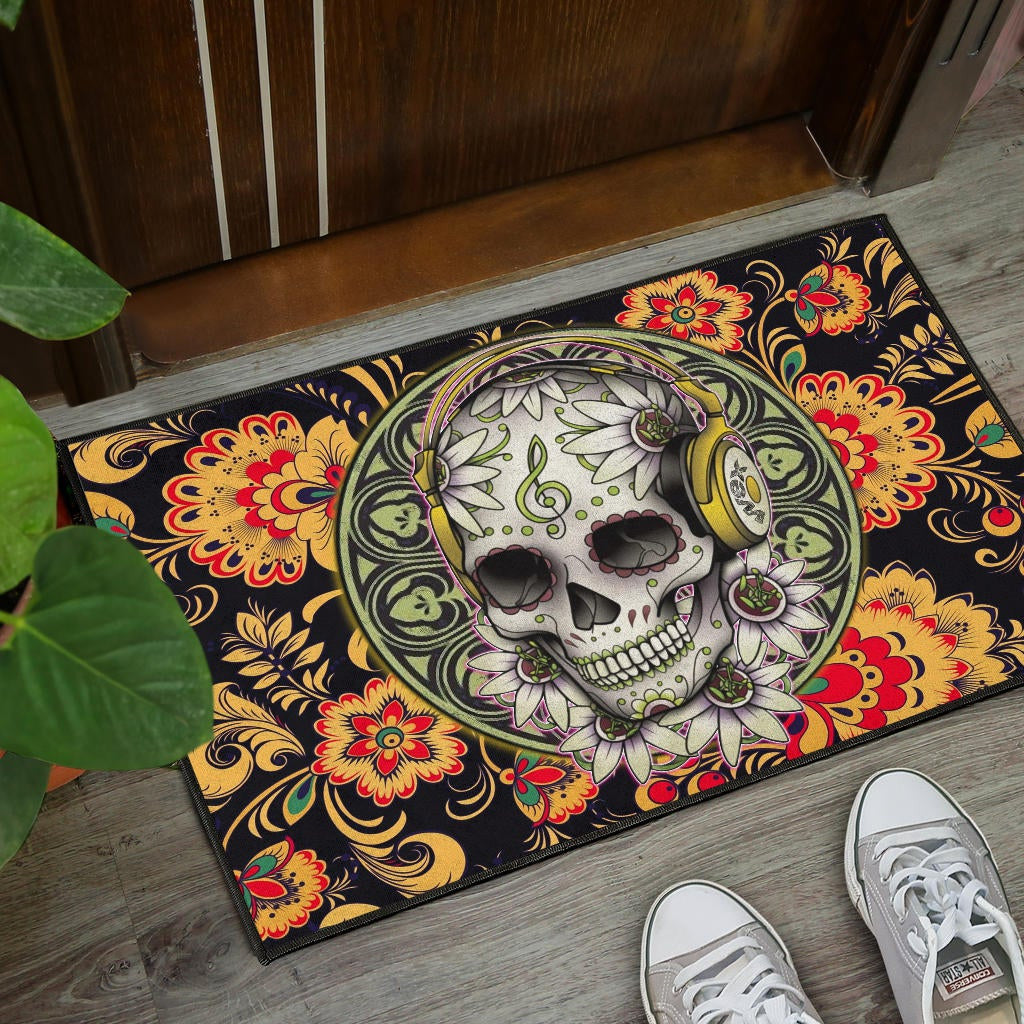 Valentine Door Mat - Mandala Skull Wearing Headphones Orange Artwork Door Mat