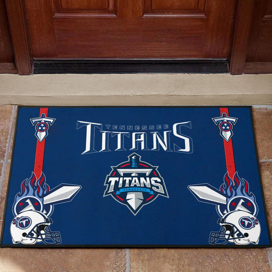 Tennessee Titans American Football Team Door Mat Titans Symbol Helmets With Flaming Ball Shield And Sword Door Mat Home Decor