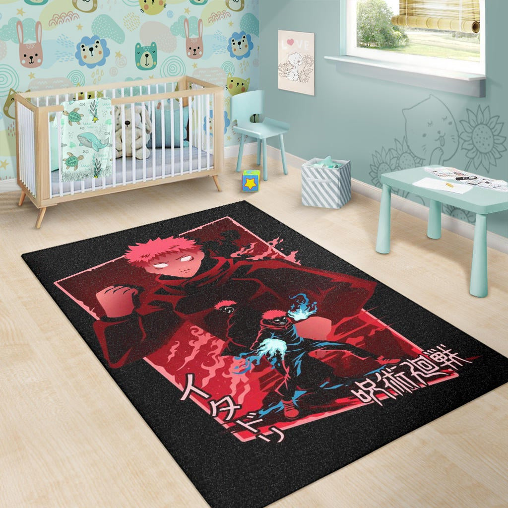 Jujutsu Kaisen Anime Area Rug Sukuna And Yuji Red Shadow Power Evil Smiling Rugs Home Decor
