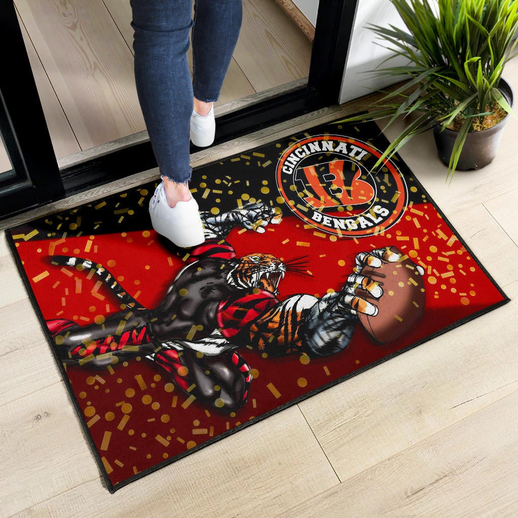 Cincinnati Bengals American Football Team Door Mat Strong Bengal Grabbing Rugby Ball Artwork Door Mat Home Decor