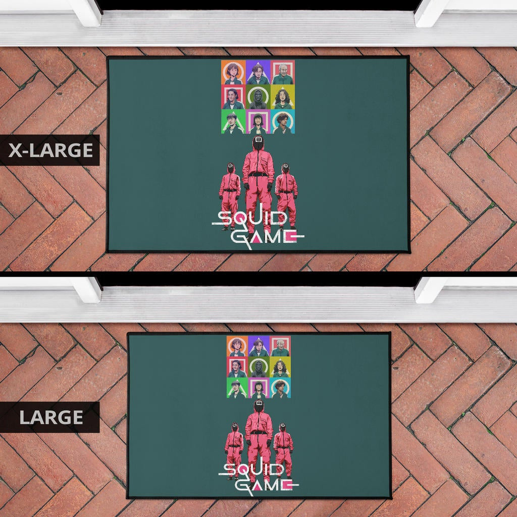 Squid Game Movie Door Mat Players Portrait With Black Masked Boss And Squid Worker Standing Door Mat Home Decor