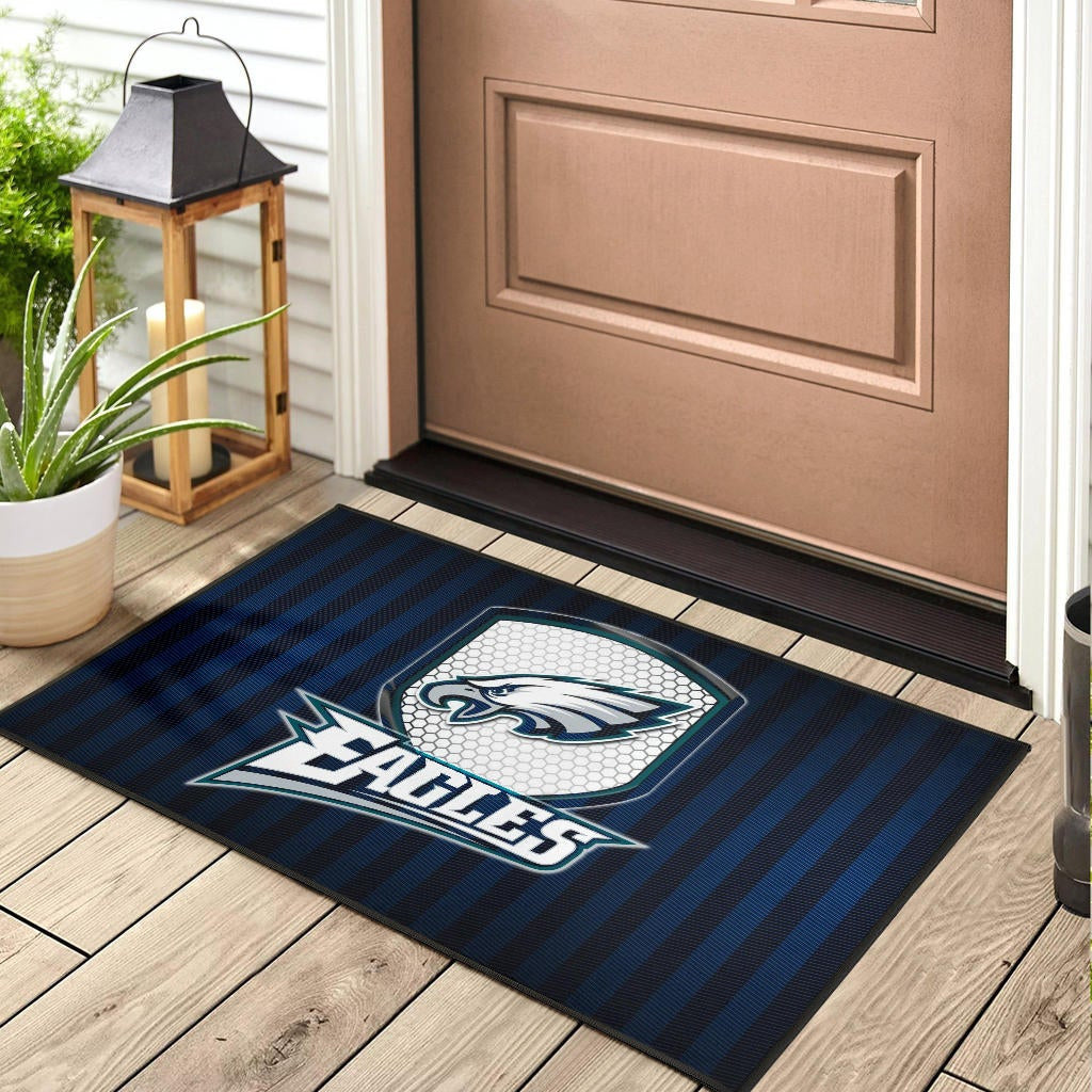 Philadelphia Eagles American Football Team Door Mat Eagle Head On The Shield Black And Blue Lines Door Mat Home Decor
