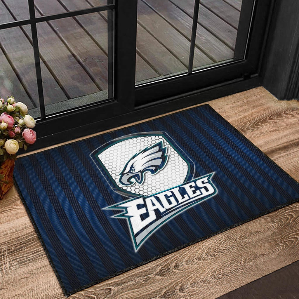 Philadelphia Eagles American Football Team Door Mat Eagle Head On The Shield Black And Blue Lines Door Mat Home Decor