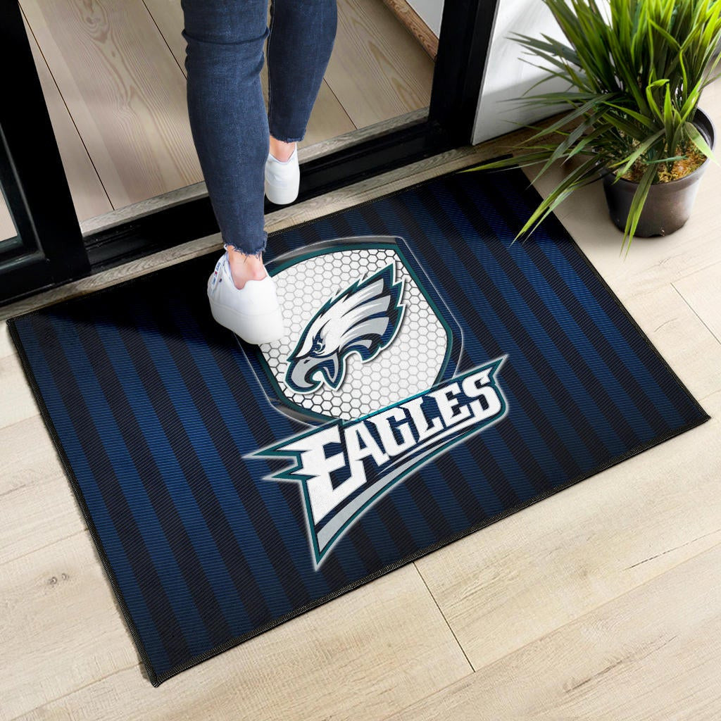 Philadelphia Eagles American Football Team Door Mat Eagle Head On The Shield Black And Blue Lines Door Mat Home Decor