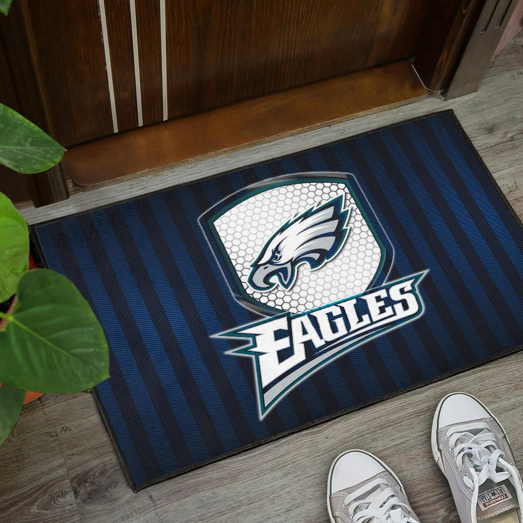 Philadelphia Eagles American Football Team Door Mat Eagle Head On The Shield Black And Blue Lines Door Mat Home Decor