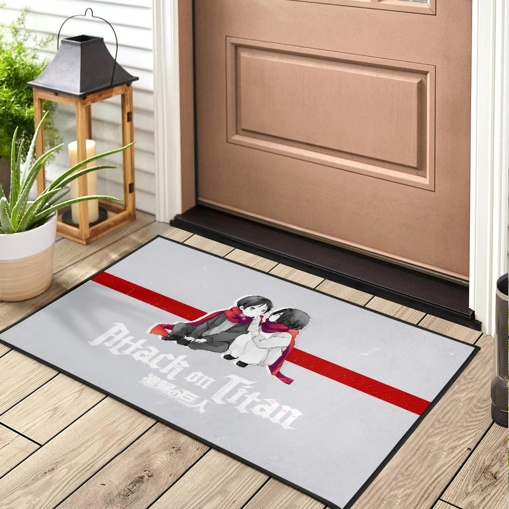 Attack On Titan Anime Door Mat - Chibi Mikasa And Eren Couple Love Wearing Red Scarf Door Mat Home Decor