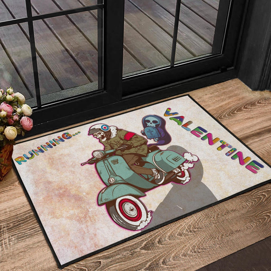 Valentine Door Mat - Skeleton Driving Vespa RIP Running Valentine Door Mat Home Decor