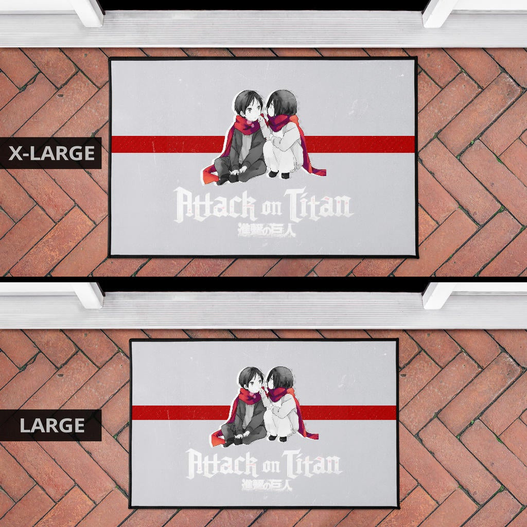 Attack On Titan Anime Door Mat - Chibi Mikasa And Eren Couple Love Wearing Red Scarf Door Mat Home Decor