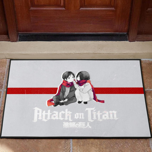 Attack On Titan Anime Door Mat - Chibi Mikasa And Eren Couple Love Wearing Red Scarf Door Mat Home Decor