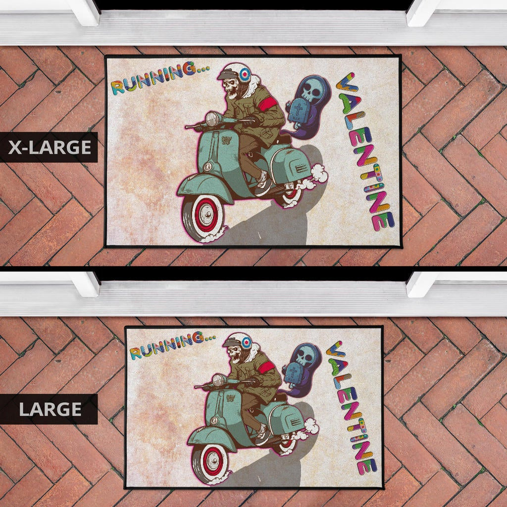 Valentine Door Mat - Skeleton Driving Vespa RIP Running Valentine Door Mat Home Decor