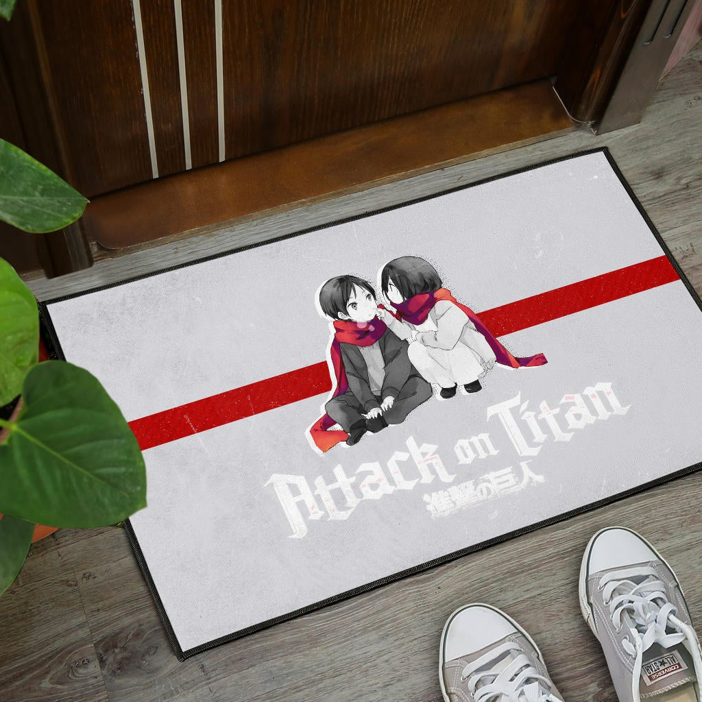 Attack On Titan Anime Door Mat - Chibi Mikasa And Eren Couple Love Wearing Red Scarf Door Mat Home Decor