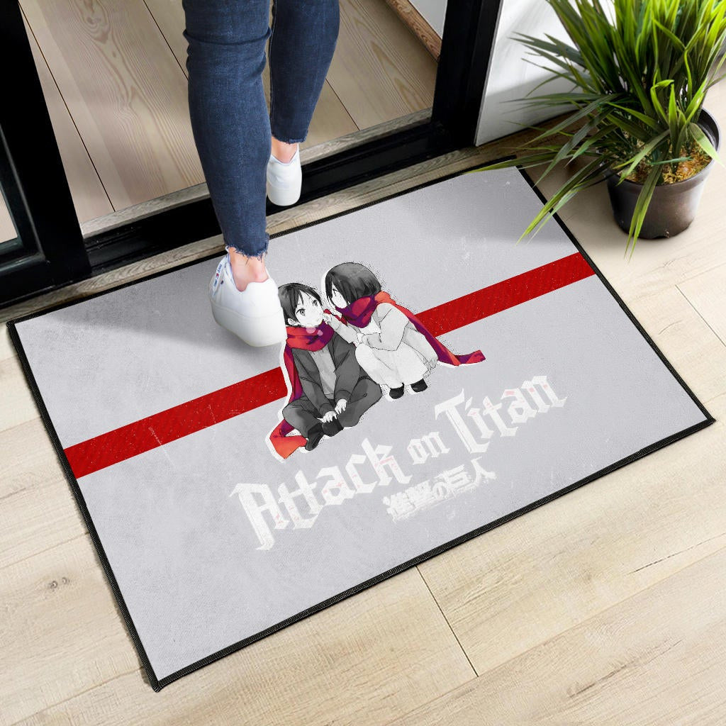 Attack On Titan Anime Door Mat - Chibi Mikasa And Eren Couple Love Wearing Red Scarf Door Mat Home Decor