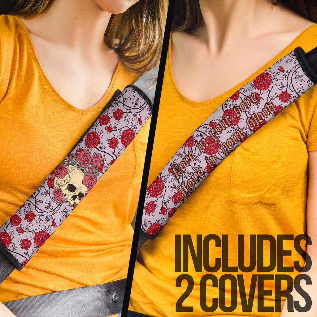 Valentine Seat Belt Covers - Skulls With Red Roses Flower Love In Bone And Blood Belt Covers
