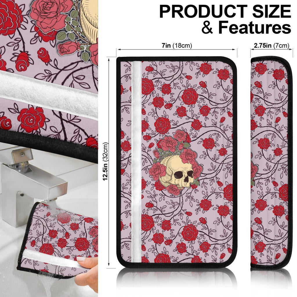 Valentine Seat Belt Covers - Skulls With Red Roses Flower Love In Bone And Blood Belt Covers