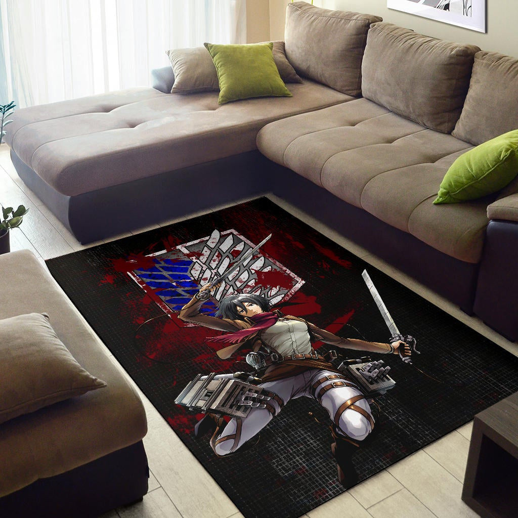 Attack On Titan Anime Area Rug - Mikasa Fighting Bloody Wings Of Freedom Symbol Rugs Home Decor
