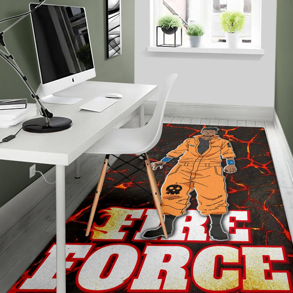 Fire Force Anime Area Rug Ogun Montgomery Wearing Orange Uniform Larsen Background Rugs Home Decor