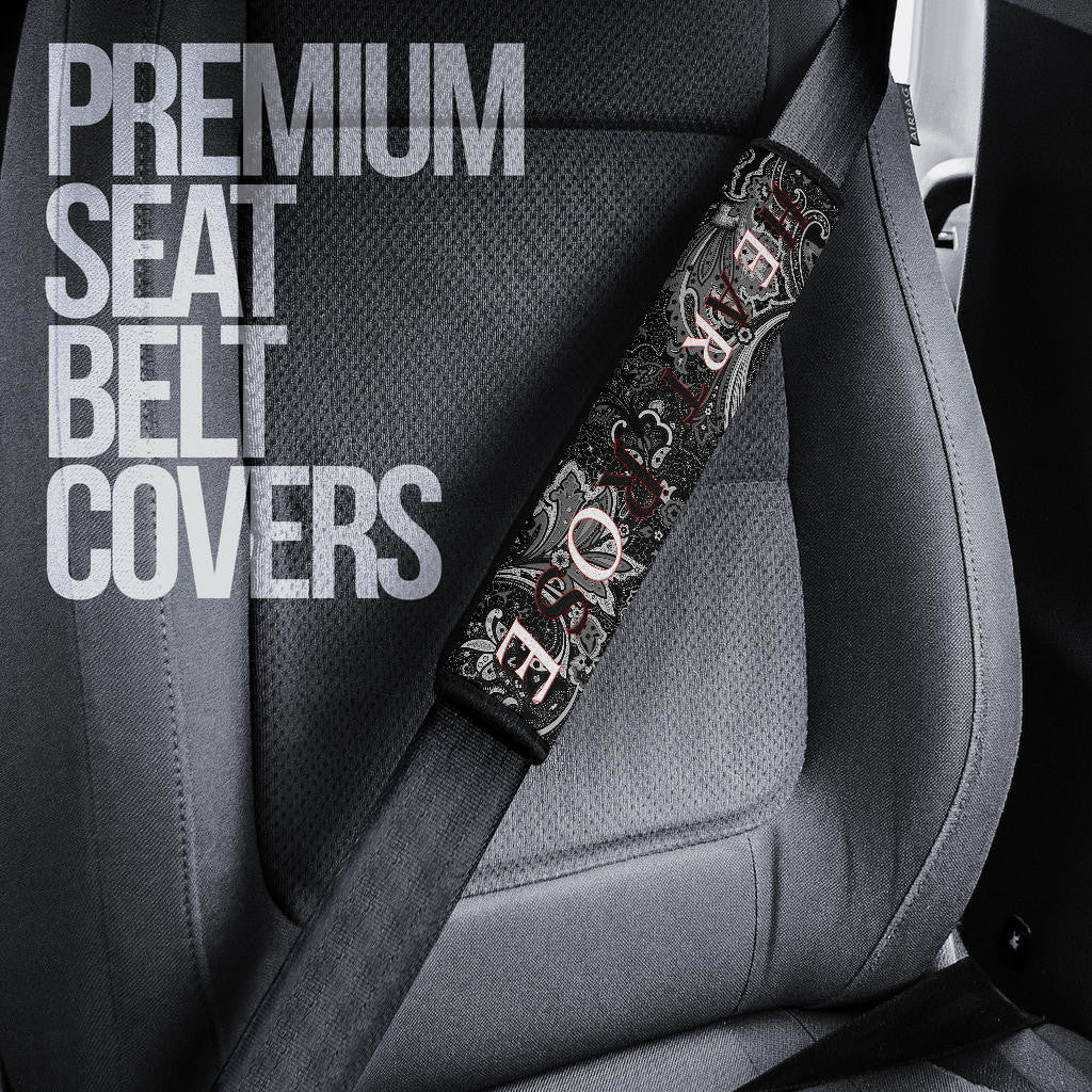 Valentine Seat Belt Covers - Tattooed Skull Rose Heart In Eyes Black White Pattern Belt Covers