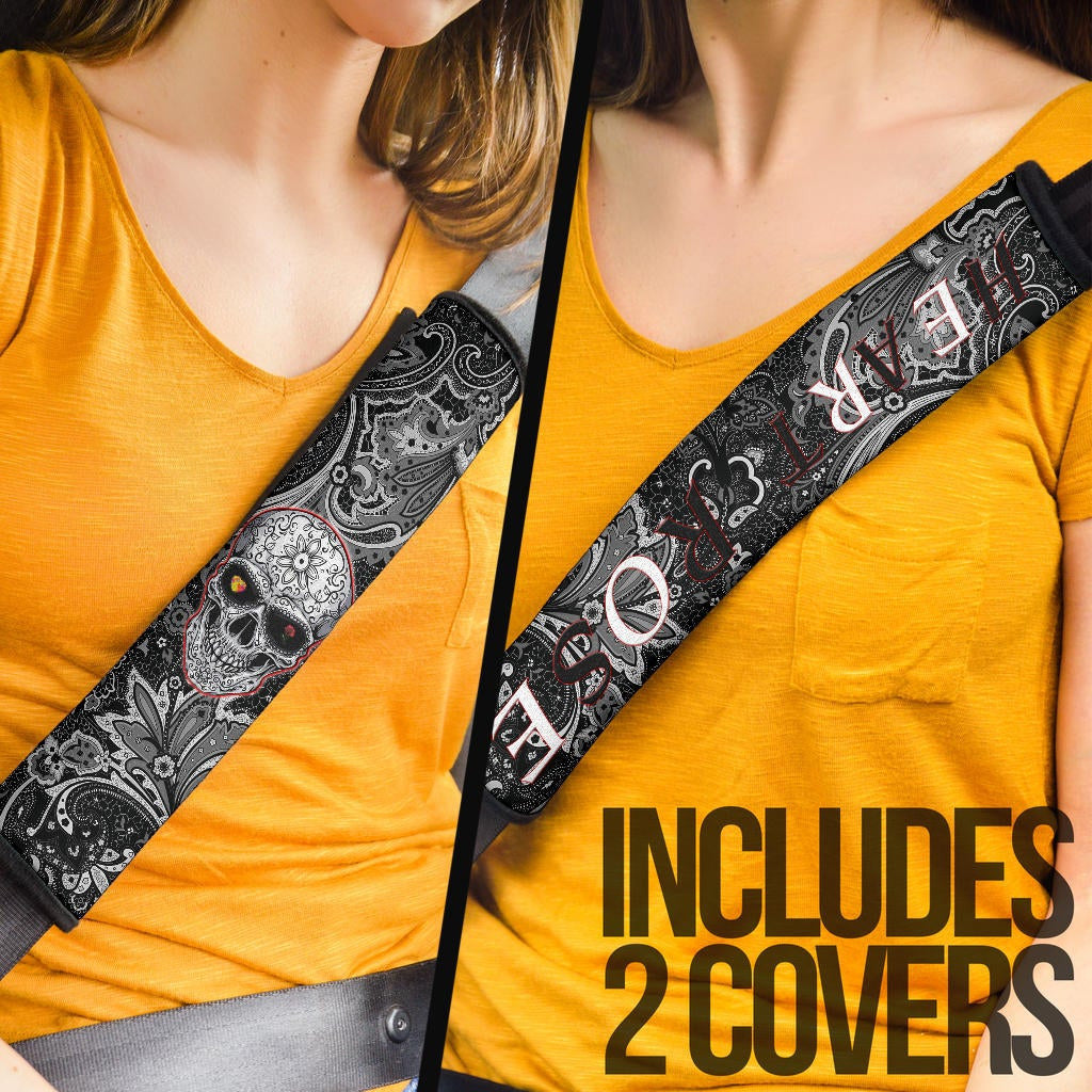 Valentine Seat Belt Covers - Tattooed Skull Rose Heart In Eyes Black White Pattern Belt Covers