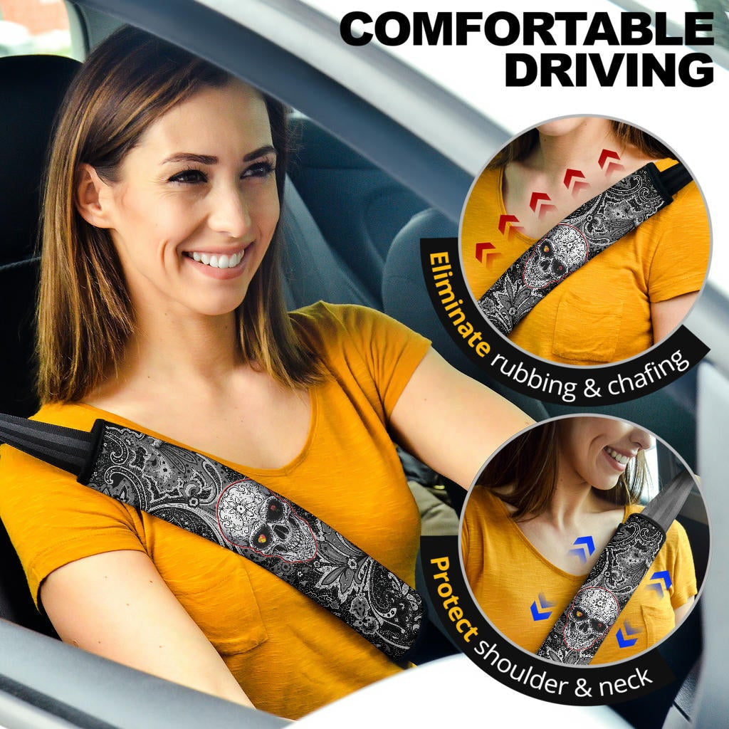 Valentine Seat Belt Covers - Tattooed Skull Rose Heart In Eyes Black White Pattern Belt Covers