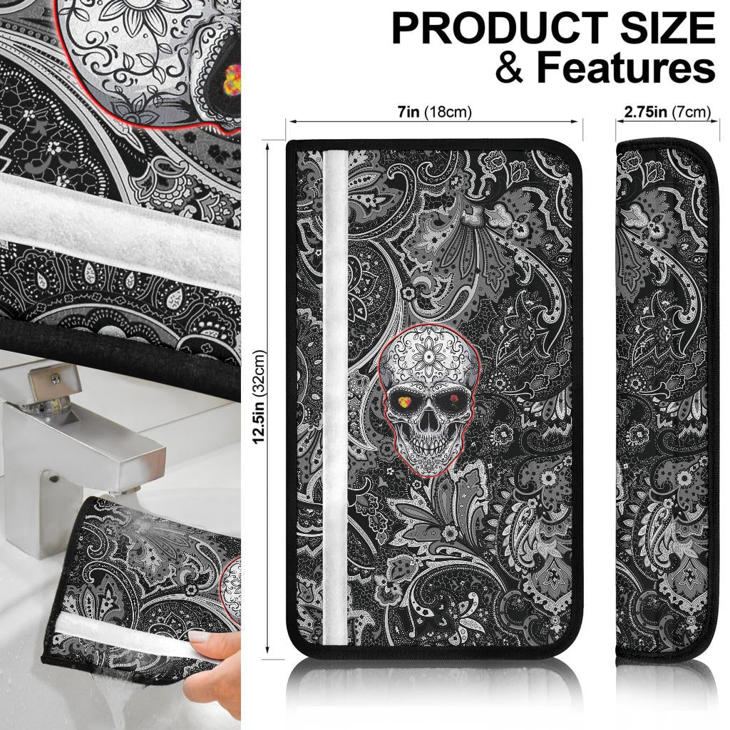 Valentine Seat Belt Covers - Tattooed Skull Rose Heart In Eyes Black White Pattern Belt Covers