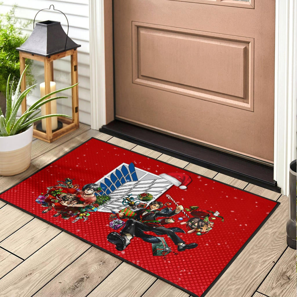 Attack On Titan Anime Door Mat - Merry Christmas Levi Ackerman Xmas Gifts Red Door Mat