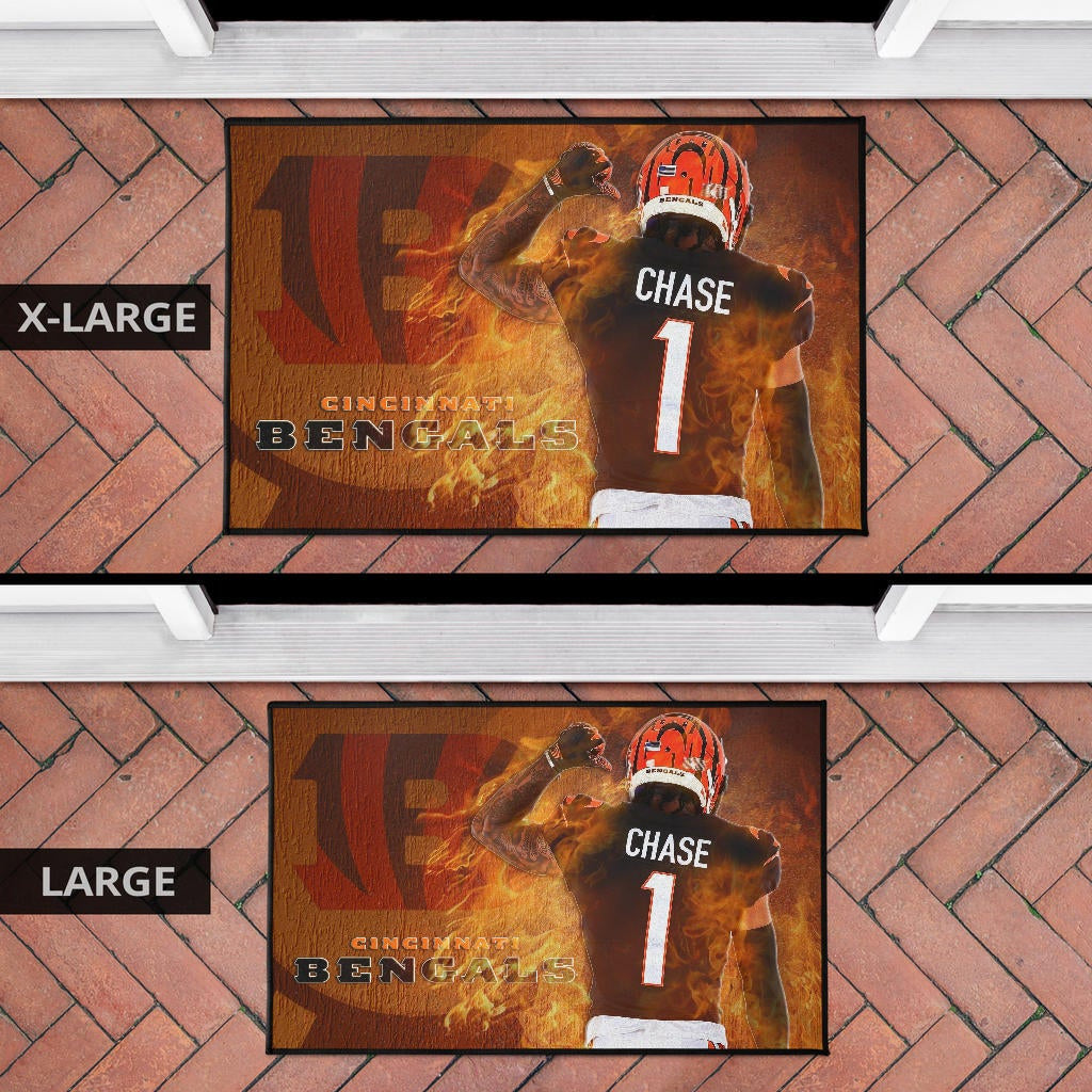 Cincinnati Bengals American Football Team Door Mat Ja'Marr Chase 01 Flaming From The Back Door Mat Home Decor