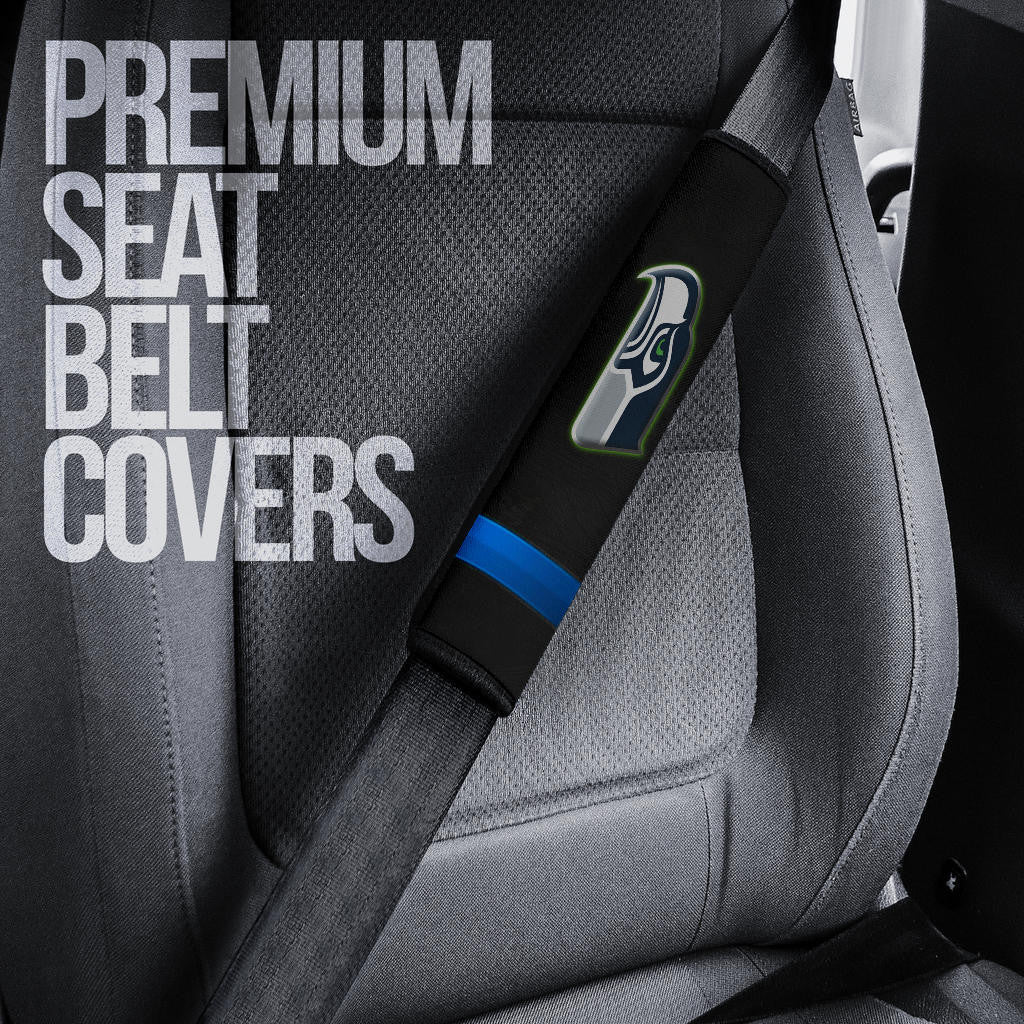American Football Team Seat Belt Covers - Metal Seattle Seahawks Head Blue Line Belt Covers