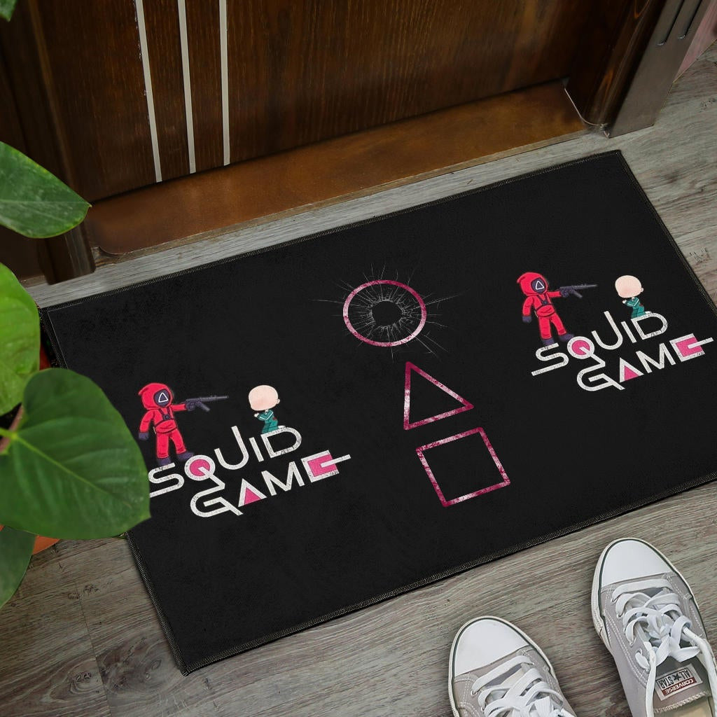 Squid Game Movie Door Mat - Chibi Squid Worker With Lost Player Door Mat Home Decor
