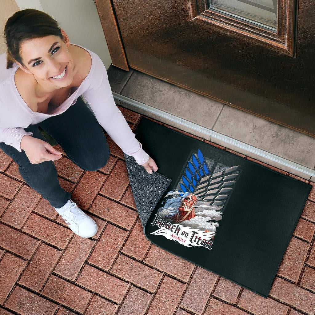 Attack On Titan Anime Door Mat - Colossal Titan Face Metal Wings Of Free Symbol Door Mat Home Decor
