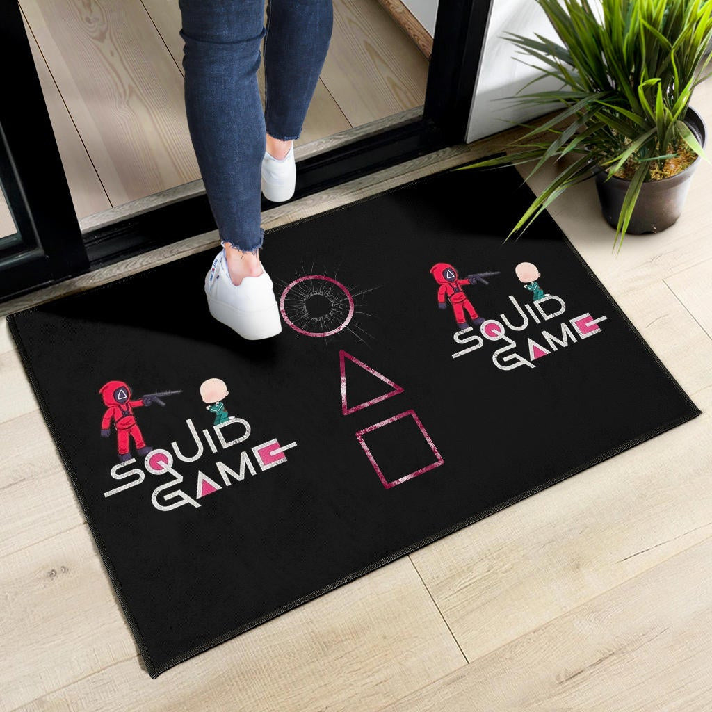 Squid Game Movie Door Mat - Chibi Squid Worker With Lost Player Door Mat Home Decor