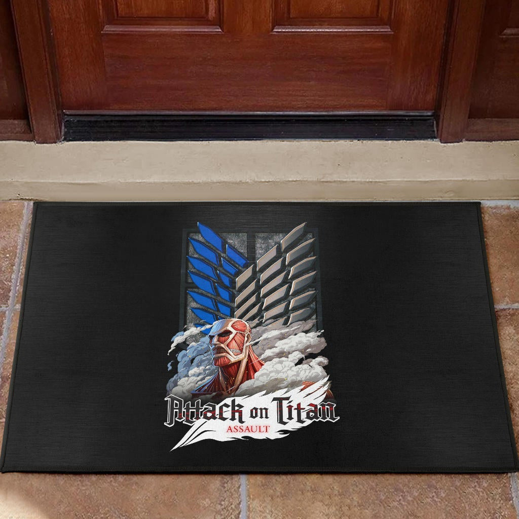 Attack On Titan Anime Door Mat - Colossal Titan Face Metal Wings Of Free Symbol Door Mat Home Decor