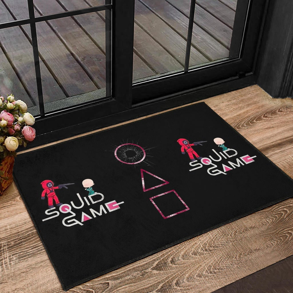 Squid Game Movie Door Mat - Chibi Squid Worker With Lost Player Door Mat Home Decor