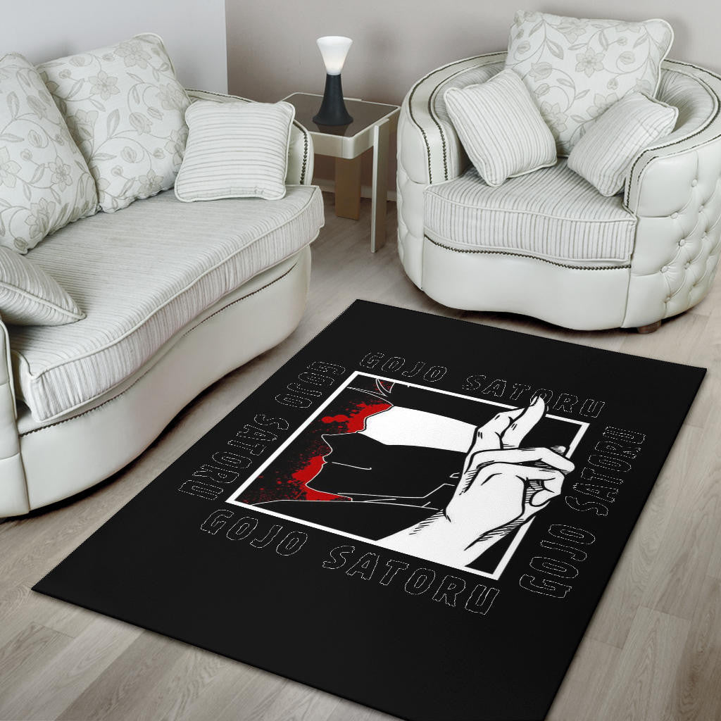 Jujutsu Kaisen Anime Area Rug Satoru Gojo Face Shadow Hand Sign Black White Rugs Home Decor