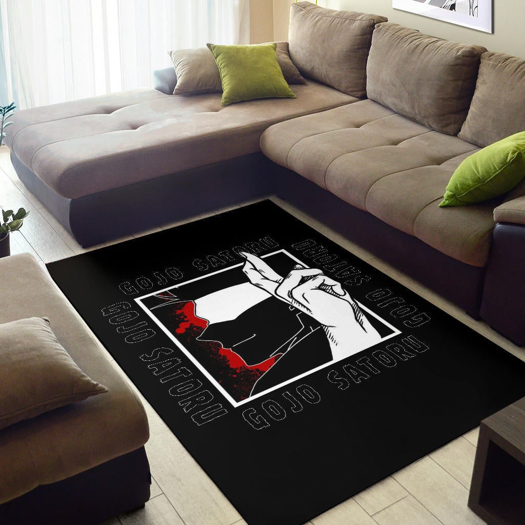 Jujutsu Kaisen Anime Area Rug Satoru Gojo Face Shadow Hand Sign Black White Rugs Home Decor