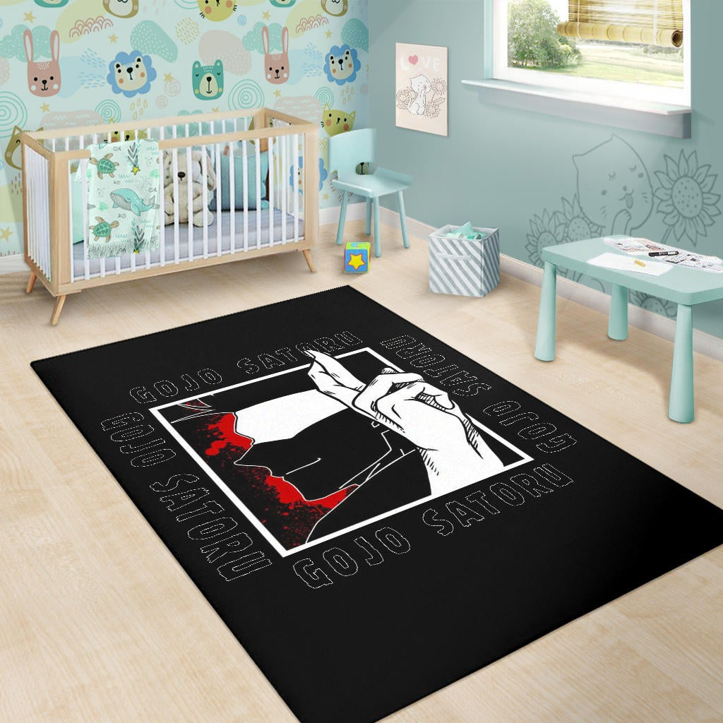 Jujutsu Kaisen Anime Area Rug Satoru Gojo Face Shadow Hand Sign Black White Rugs Home Decor