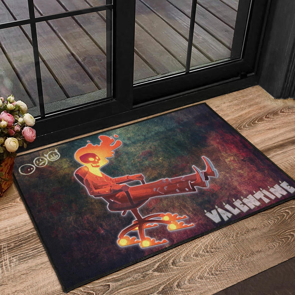 Skull Door Mat - Skeleton With Fire Head On Chair Valentine Text Candle Door Mat Home Decor