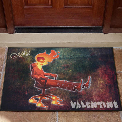 Skull Door Mat - Skeleton With Fire Head On Chair Valentine Text Candle Door Mat Home Decor