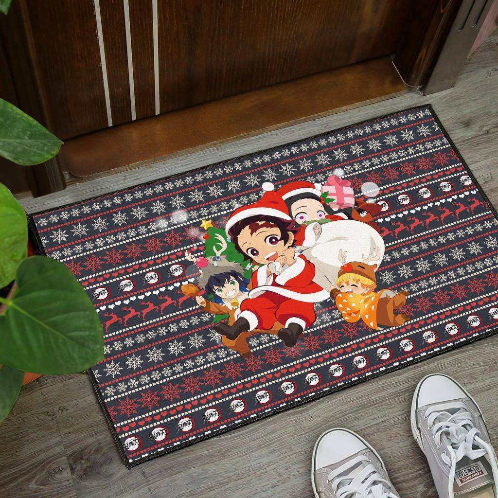 Demon Slayer Anime Door Mat - Merry Christmas Chibi Cosplay Santa Reindeer Xmas Gift Door Mat Home Decor