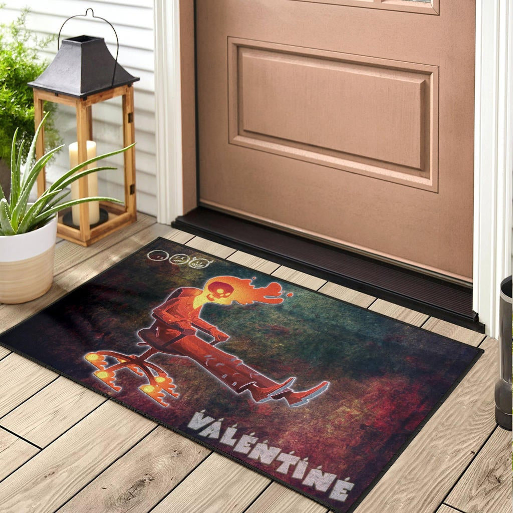 Skull Door Mat - Skeleton With Fire Head On Chair Valentine Text Candle Door Mat Home Decor