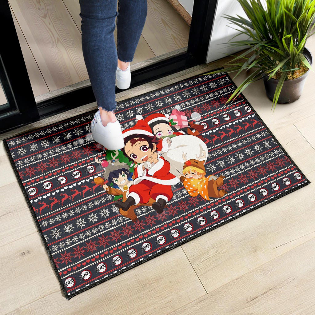 Demon Slayer Anime Door Mat - Merry Christmas Chibi Cosplay Santa Reindeer Xmas Gift Door Mat Home Decor