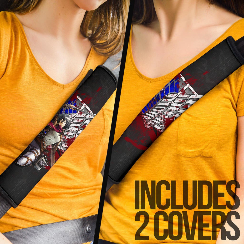 Attack On Titan Anime Seat Belt Covers - Mikasa Fighting Bloody Wings Of Freedom Symbol Belt Covers
