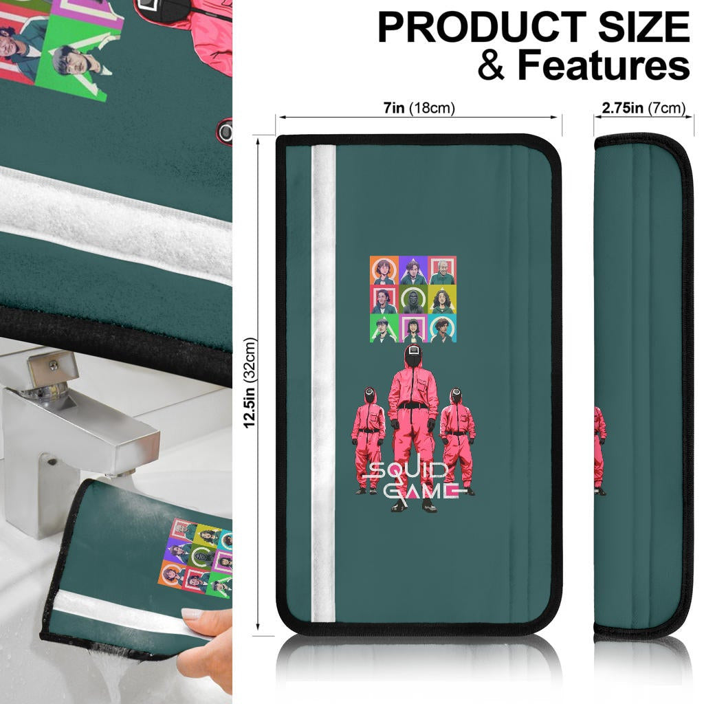 Squid Game Movie Seat Belt Covers Players Portrait With Black Masked Boss And Squid Worker Standing Belt Covers