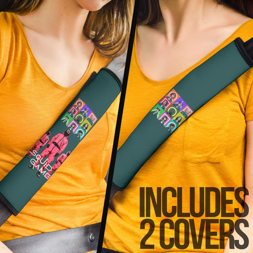 Squid Game Movie Seat Belt Covers Players Portrait With Black Masked Boss And Squid Worker Standing Belt Covers