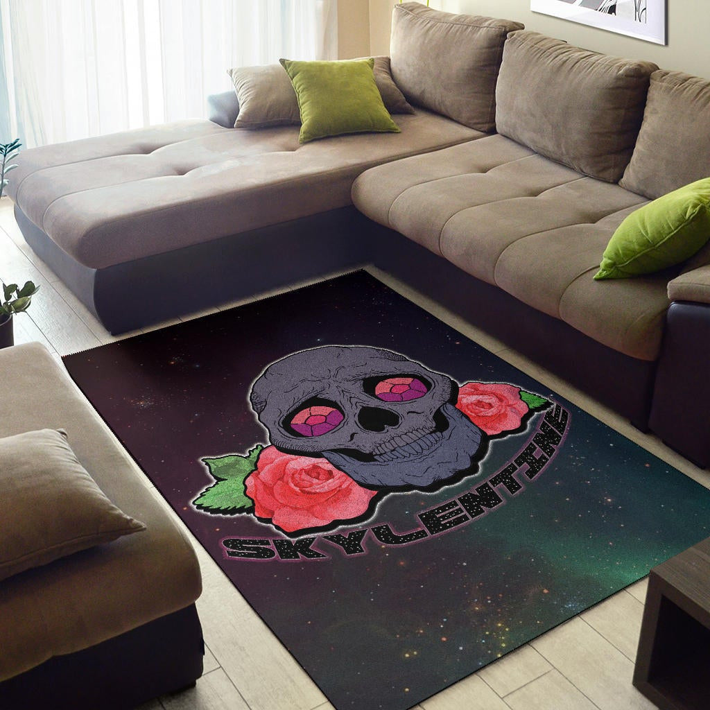 Valentine Area Rug - Skull With Roses Green Galaxy Sky Skylentine Rugs Home Decor