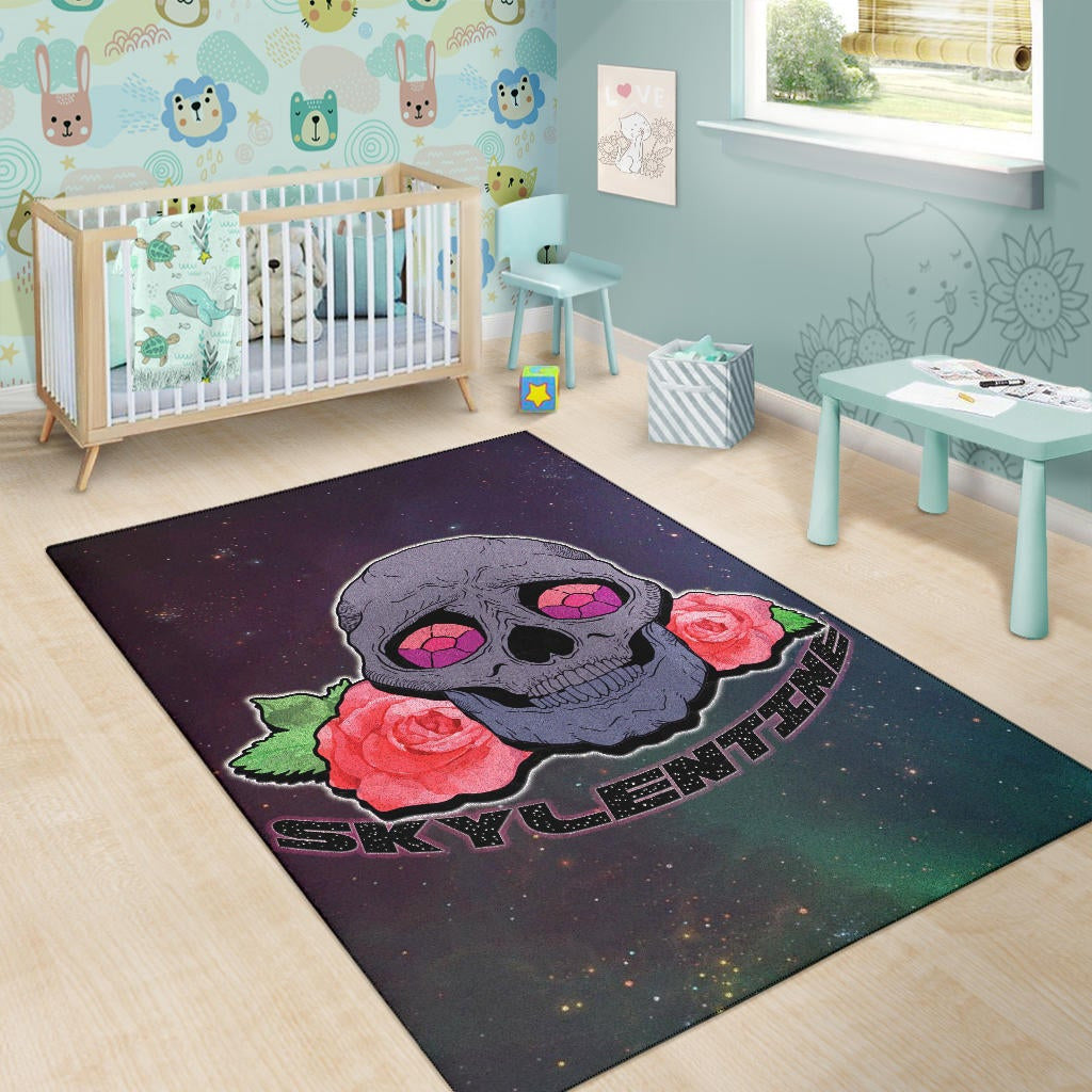 Valentine Area Rug - Skull With Roses Green Galaxy Sky Skylentine Rugs Home Decor