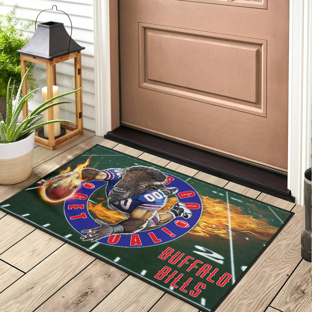 Buffalo Bills American Football Team Door Mat Player With Buffalo Head Holding Flaming Rugby Door Mat Home Decor