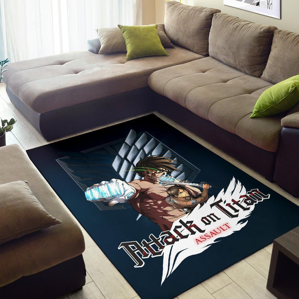Attack On Titan Anime Area Rug - Eren Titan Punch And Eren Human Metal Wings Of Freedom Rugs Home Decor