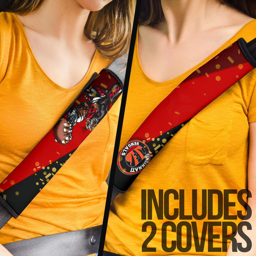 Cincinnati Bengals American Football Team Seat Belt Covers Strong Bengal Grabbing Rugby Ball Artwork Belt Covers