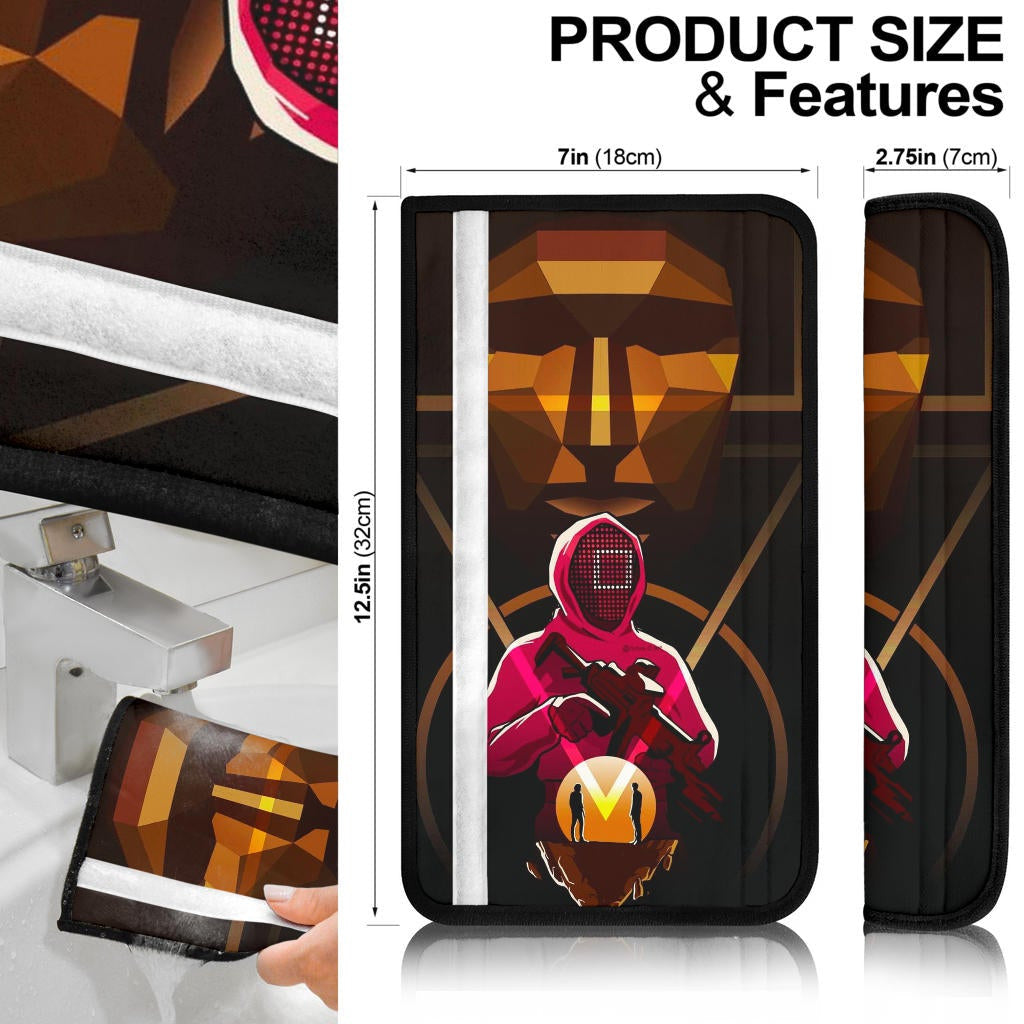 Squid Game Movie Seat Belt Covers - Chibi Squid Worker With Lost Player Golden Mask Boss Belt Covers