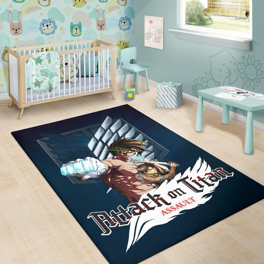 Attack On Titan Anime Area Rug - Eren Titan Punch And Eren Human Metal Wings Of Freedom Rugs Home Decor